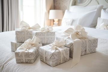 Fototapeta na wymiar Wedding gifts and flowers in an elegant white bedroom, generative ai