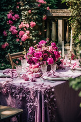 Fototapeta na wymiar Holiday tablescape, formal dinner table setting, pink peony table scape with peonies decoration for wedding party and event celebration, generative ai