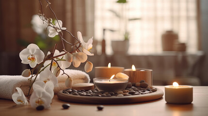 Obraz na płótnie Canvas Calming spa composition on massage table in wellness center, serenity, peace, calm, stress-free
