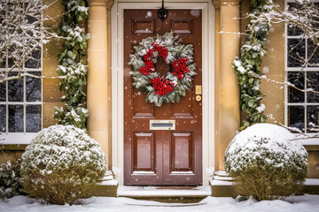 Fototapeta premium Christmas holiday, country cottage and snowing winter, wreath decoration on a door, Merry Christmas and Happy Holidays wishes, generative ai