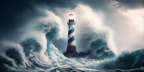 A luminous ancient sea lighthouse against the backdrop of huge waves and a raging sea during a storm. Generative AI