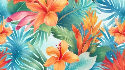 Fototapeta na wymiar Tropical flowers and leaves background, generative AI 