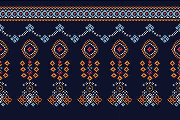 Ethnic geometric fabric pattern Cross Stitch.Ikat embroidery Ethnic oriental Pixel pattern navy blue background. Abstract,vector,illustration. Texture,clothing,scarf,decoration,motifs,silk wallpaper.
