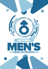 National Men's Health Month in June. Celebrated in United States. Educational program that teaches you how to work on your body. Healthy eating, exercise and disease prevention. Medical vector poster