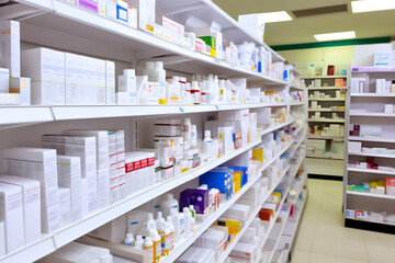  Pharmacists and chemists replenish pharmacy shelves with new stock  - obrazy, fototapety, plakaty