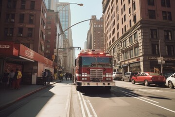 Fototapeta na wymiar fire truck on the street - Illustration created with generative ai