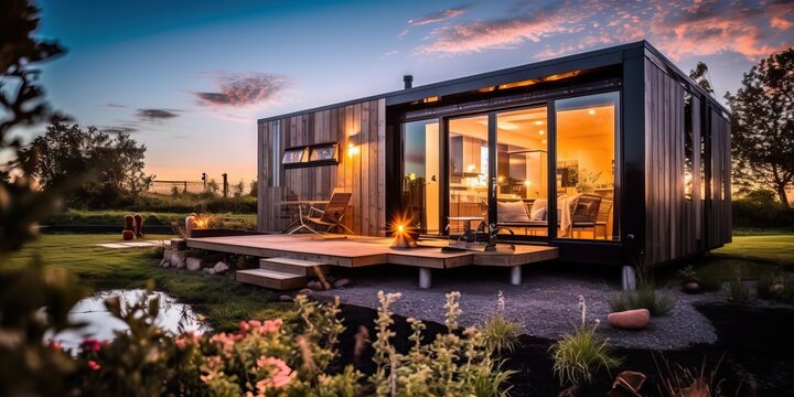 Tiny house with amazing design on a beautiful landscape, generative ai