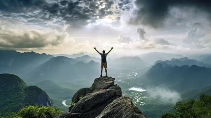 Zelfklevend Fotobehang Man traveler on mountain summit enjoying nature Generative AI © wangsinawang