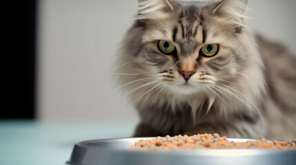 Fototapeta na wymiar Happy cat with delicious cat food. Generative AI