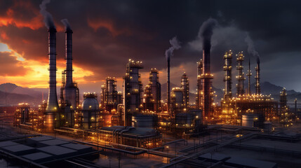 Obraz na płótnie Canvas Oil refinery factory and logistic over sunrise Generative AI