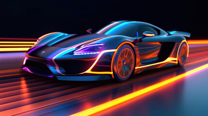 Obraz na płótnie Canvas Sports Car On Neon Highway. Generative AI