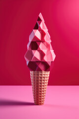 Pink ice cream on a bright pink background. 3d modern futuristic illustration. Minimalist style. Summer concept. Bright colors. With space for text. Ai Generative