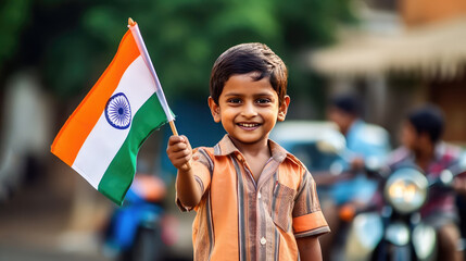 Indian boy holding Indian flag Independence day celebration India