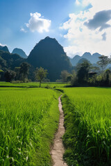 A rice field under the mountain peak.
