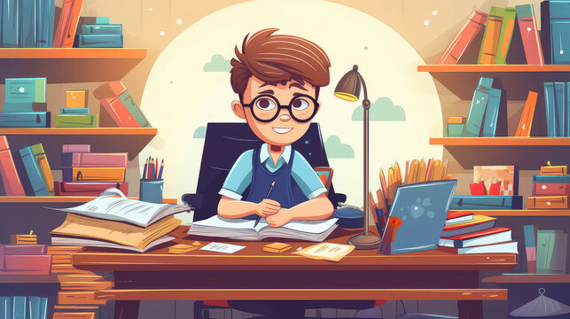 Back to school concept cartoony style boy sitting at the desk with books AI generated image