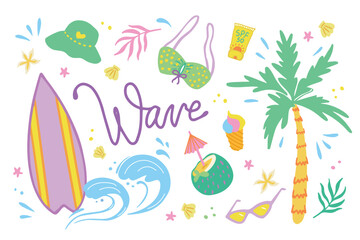 Summer items set. Groovy y2k positive vector design. Wave quote lettering. Surfboard, spf 50, palm tree, sunglasses, cocktails, ice-cream, bra isolated cliparts