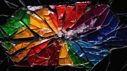 A conceptual artwork featuring shattered glass forming the LGBTI flag, representing breaking barriers and overcoming adversity - Generative ai