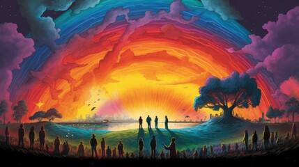 Fototapeta na wymiar A surreal artwork depicting a vibrant rainbow landscape with silhouettes of people embracing their authentic selves - Generative ai