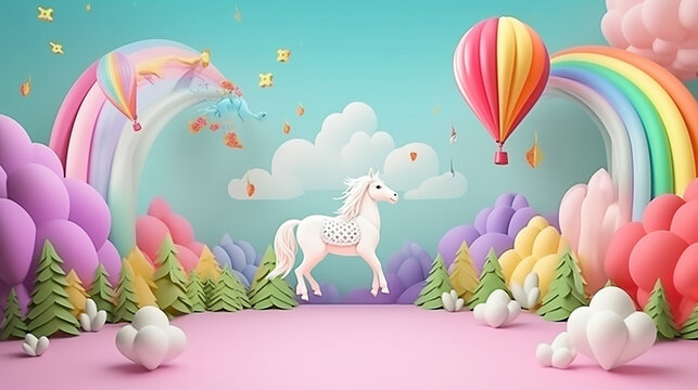cen&aacute;rio de unicornios com bal&otilde;es 