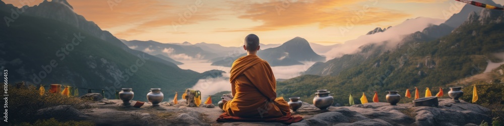 Poster a monk sitting on a rock in front of a mountain. generative ai image.