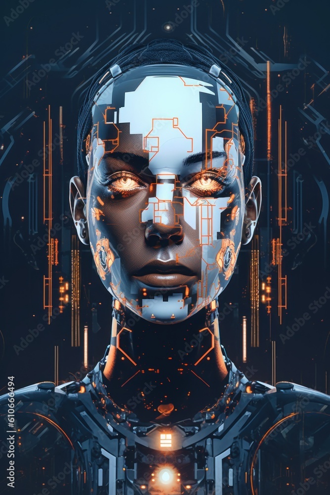 Poster a robot with glowing eyes and a futuristic face. generative ai image.