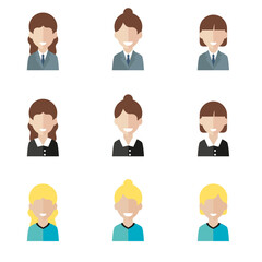 Simple avatar icons of various business women. Icon isolated on white background. 