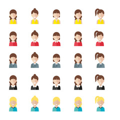 Simple avatar icons of various business women. Icon isolated on white background. 