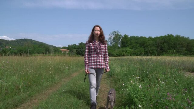 young woman walks with greyhound dog in field