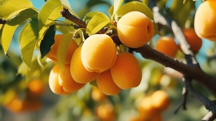 A bunch of ripe apricots on a branch. Generative AI