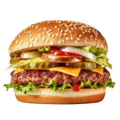 Delicious Double Beef Burger consists of Bun Bread Patty Pickle Onion Mayonaisse Ketchup Cheddar Cheese and lettuce