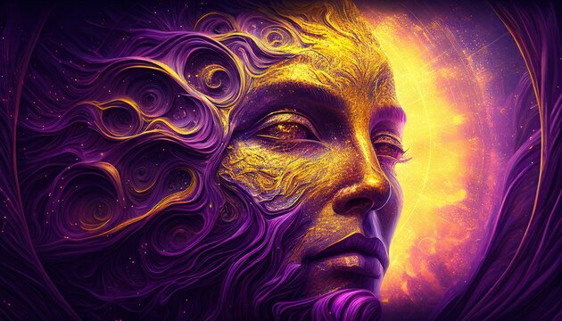 Mental health Image of a awakened person indulging in a fantastic meditation Yellow and purple abstract, elegant and modern illustration generated by AI