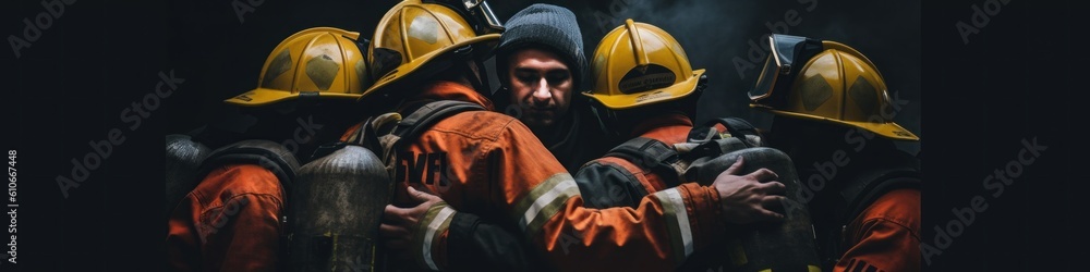 Poster a group of firemen with helmets on. generative ai image.
