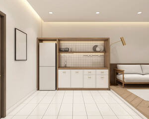 Modern japan style tiny room decorated with kitchen cabinet and white tile wall, white tile floor and raised wooden floor, minimalist sofa and floor lamp. 3d rendering