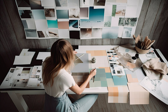 A young woman carefully selects images and samples for a moodboard.