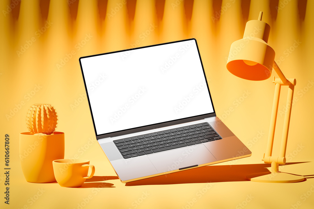 Poster laptop with an empty screen on an abstract background with a coffee cup lamp and a cactus in a pot -