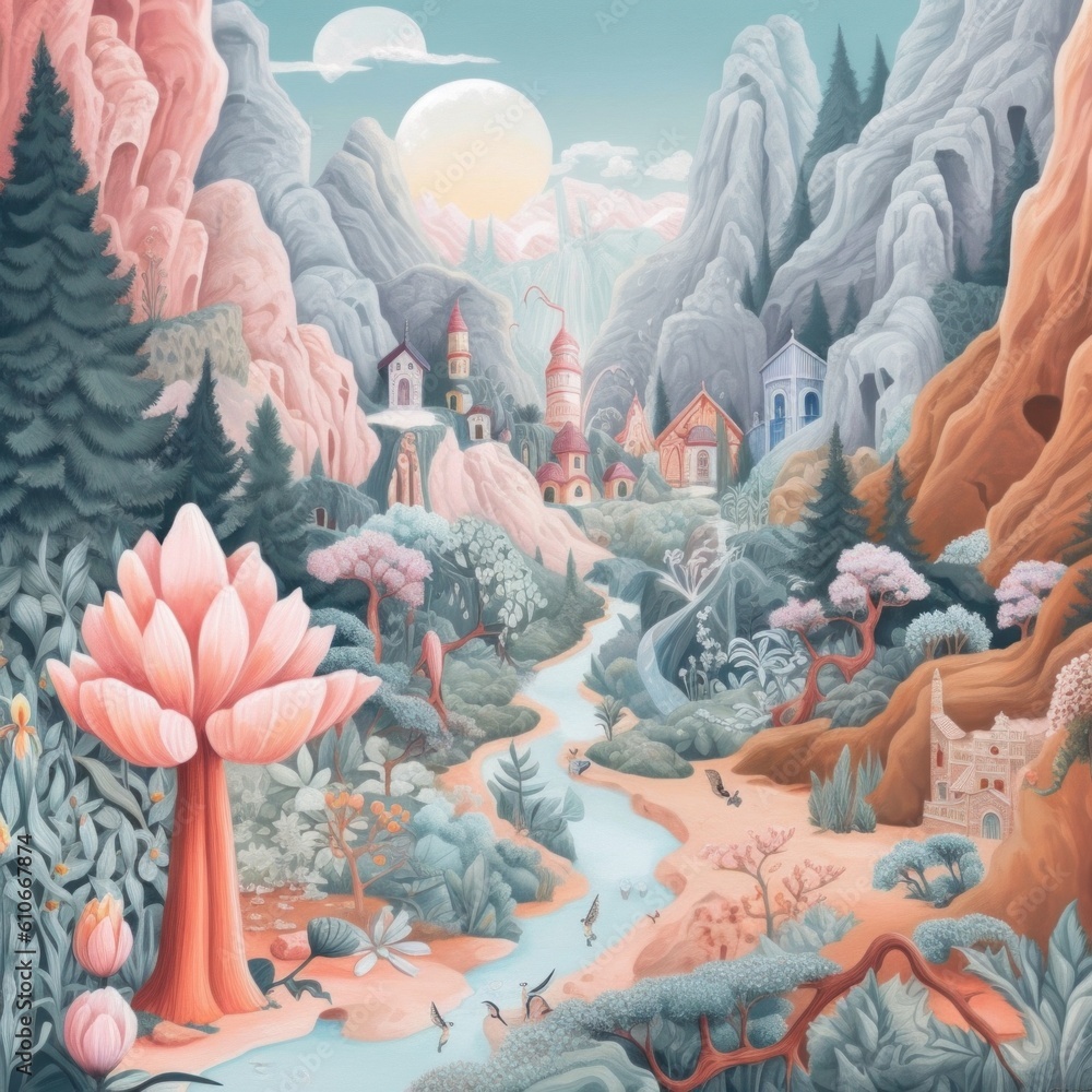Poster a painting of a river running through a lush green forest. generative ai image.