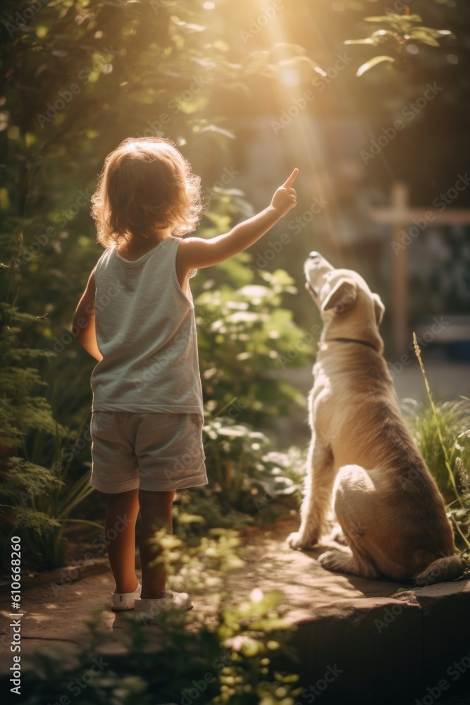 Wall mural A little girl standing next to a dog. Generative AI image.