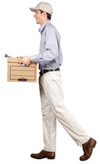 Delivery man with box and clipboard isolated on white background