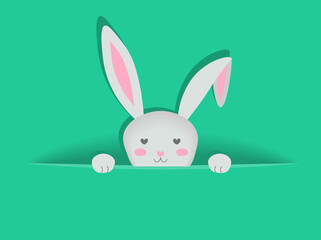 Hiding out rabbit head sticks out of hole on empty turquoise background