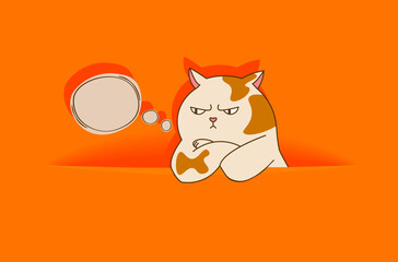 Hiding out spotty angry cat head sticks out of hole and empty quote bubble on orange background
