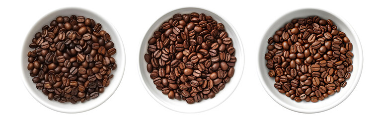 Coffee beans on white bowl, aerial view with transparent background, Generative AI Technology