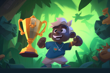 An animated character on the screen holding a trophy, while the player smiles with joy Generative AI