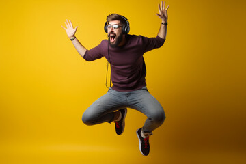 Obraz premium A gamer wearing headphones and holding a gamepad, jumping up in excitement Generative AI