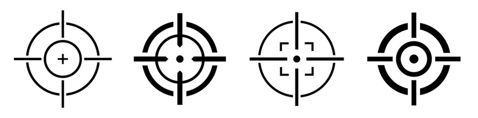 Obraz premium Target icons set. Gun target, focus, crosshair, reticle, viewfinder. Target destination flat and line style - stock vector.