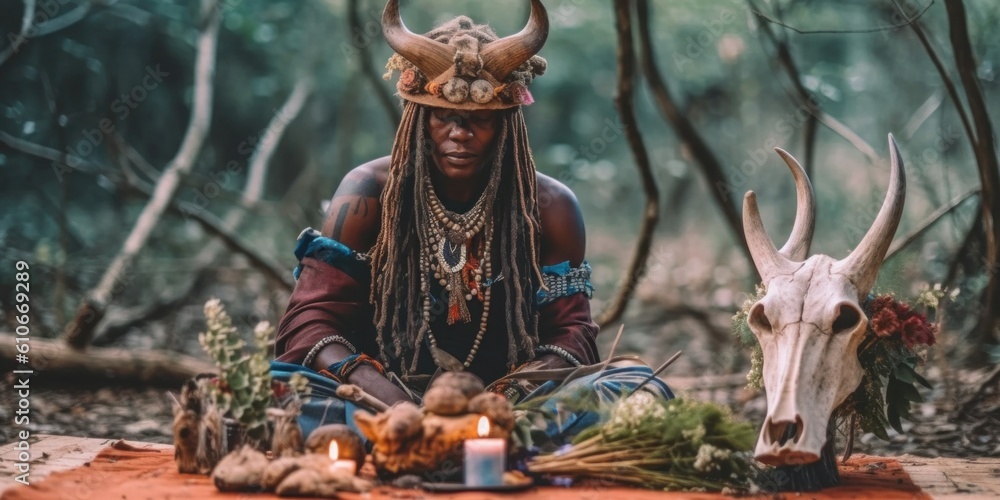 Poster a man with dreadlocks sitting in the woods. generative ai image.