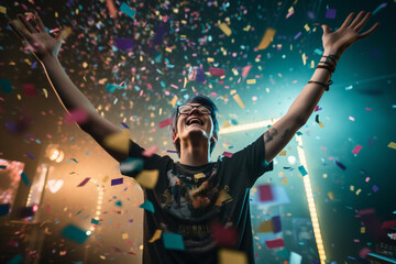 A gamer triumphantly raising their controller in the air, surrounded by confetti Generative AI