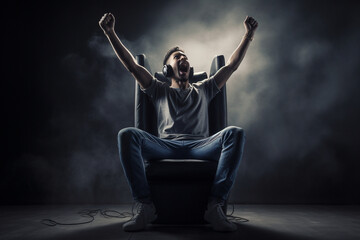 Fototapeta na wymiar A gamer sitting on the edge of their seat, fist-pumping the air with excitement Generative AI