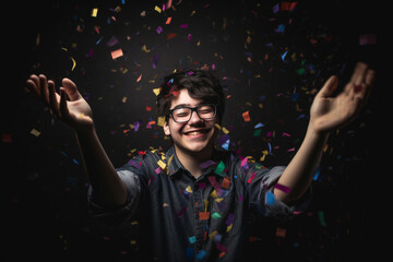 A portrait of a victorious gamer holding a game controller, with confetti falling around them Generative AI