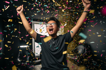 A gamer triumphantly raising their controller in the air, surrounded by confetti Generative AI