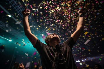 A gamer triumphantly raising their controller in the air, surrounded by confetti Generative AI